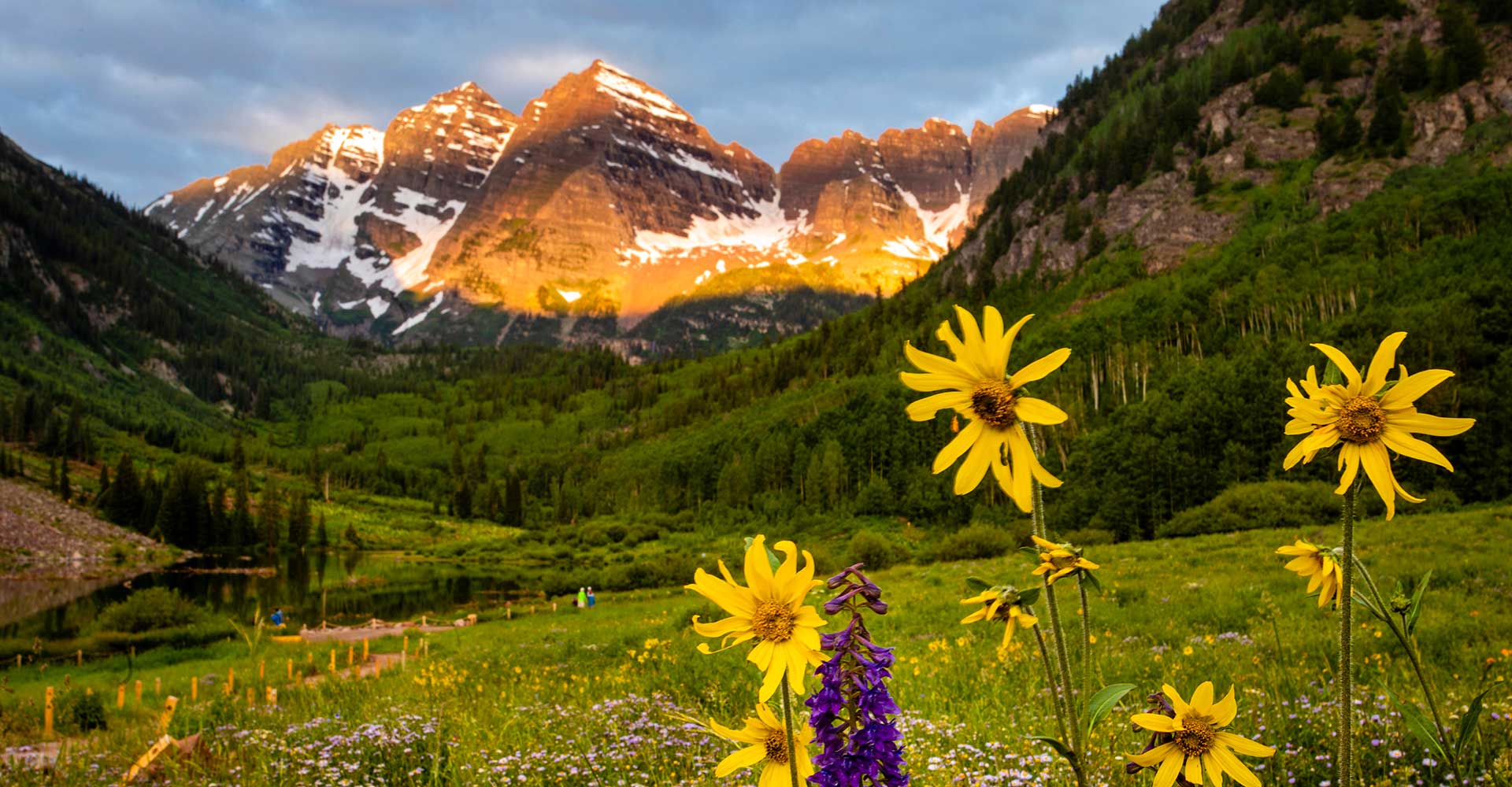 Maroon Bells in summer with flowers